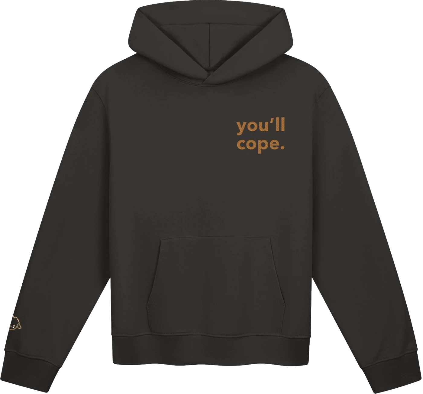 Mockup della felpa You’ll cope.: scritta ricamata color oro sul petto e pecorella al polso