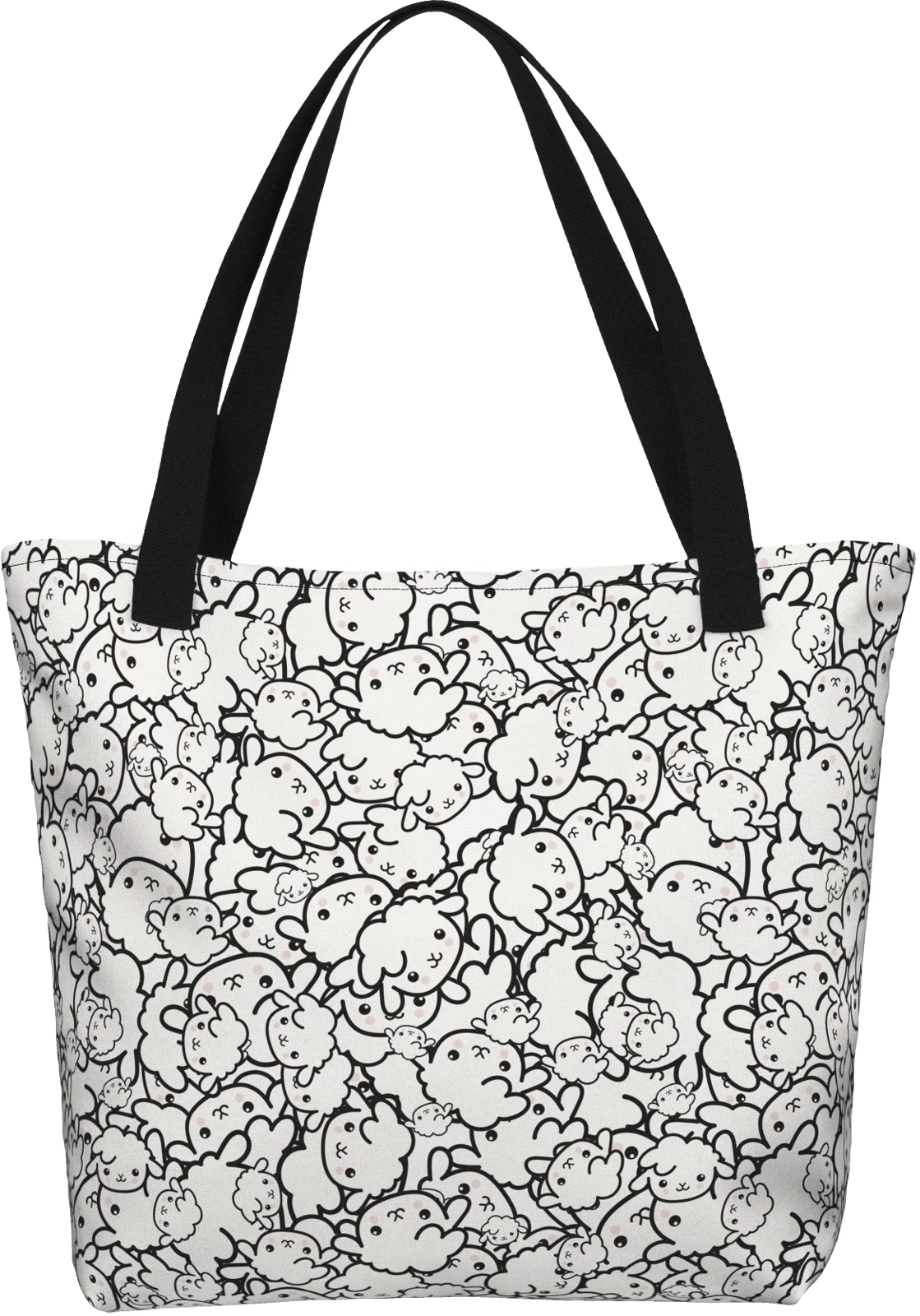 Mockup: Tote con pattern di pecorelle e manici neri